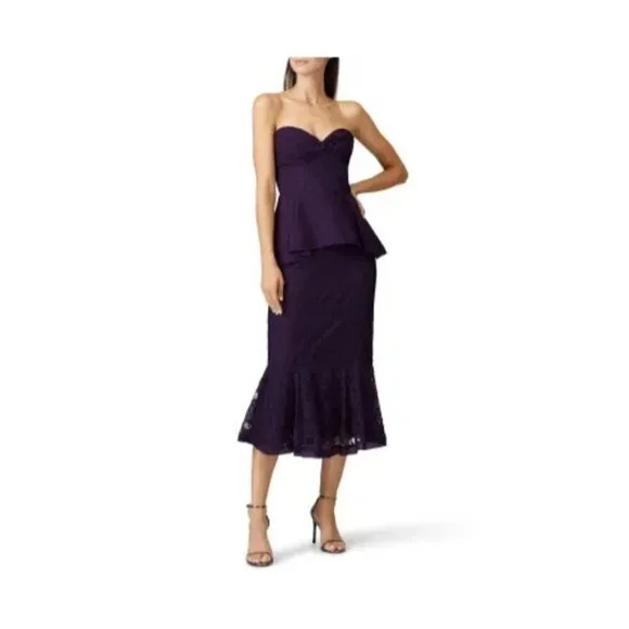 Flor et al purple Ashely strapless heart lace peplum midi dress size 4